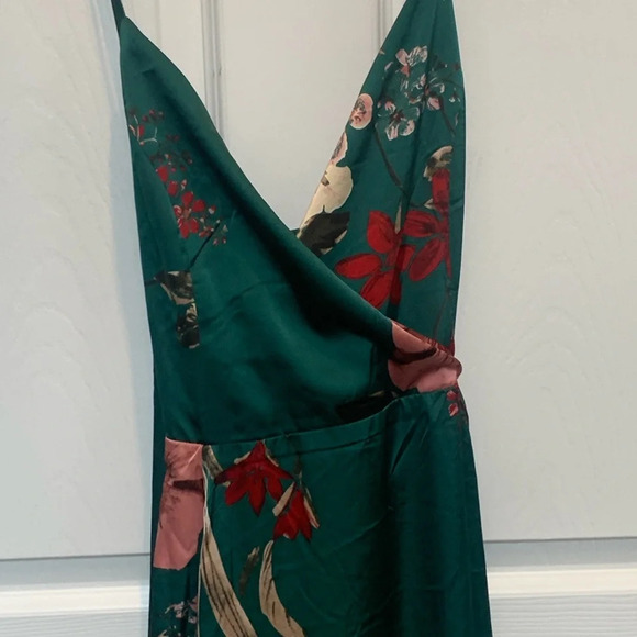 Lulu's Emerald Green Floral Wrap Maxi Dress with Pink & Red Accents - Picture 10 of 12
